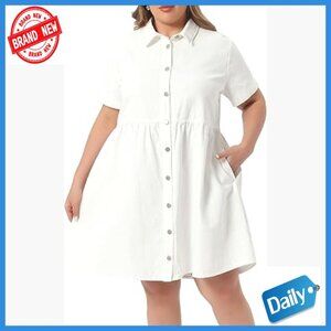 Plus Size Denim Babydoll Dress with Pockets Button Down Midi Sundress